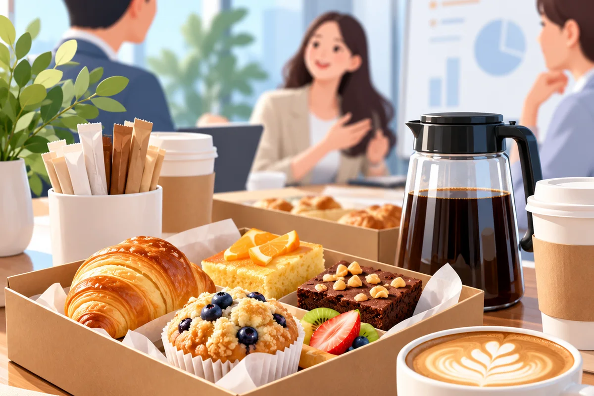 ภาพวาดพนักงานพักเบรกประชุม มีกล่องขนมอบและกาแฟบนโต๊ะ
