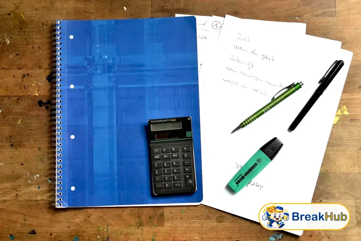 เครื่องคิดเลขและสมุดจดบนโต๊ะสำหรับคิดงบจัดเบรก (ภาพประกอบ)